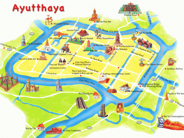 Карта Аюттайи с обозначением достопримечательностей